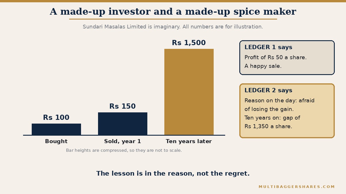 A bar picture with made-up numbers. An investor sells shares of an imaginary spice company at 150 rupees after buying at 100, a gain of 50 rupees that goes into the first ledger. Ten years later the shares stand at 1,500 rupees. The second ledger notes the gap of 1,350 rupees per share and, more importantly, the reason for the sale.