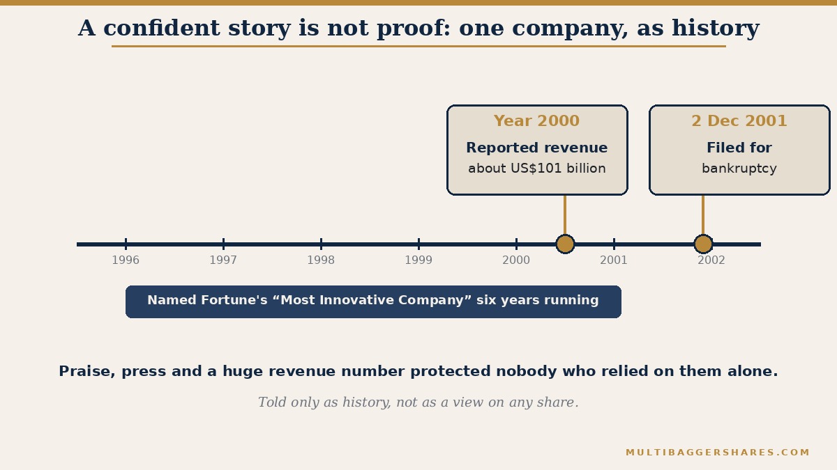 A timeline picture. Fortune magazine named the American energy company Enron its Most Innovative Company for six years in a row, from 1996 to 2001. Enron reported revenue of about 101 billion US dollars for the year 2000. It filed for bankruptcy on 2 December 2001. Told only as history, not as a view on any share.