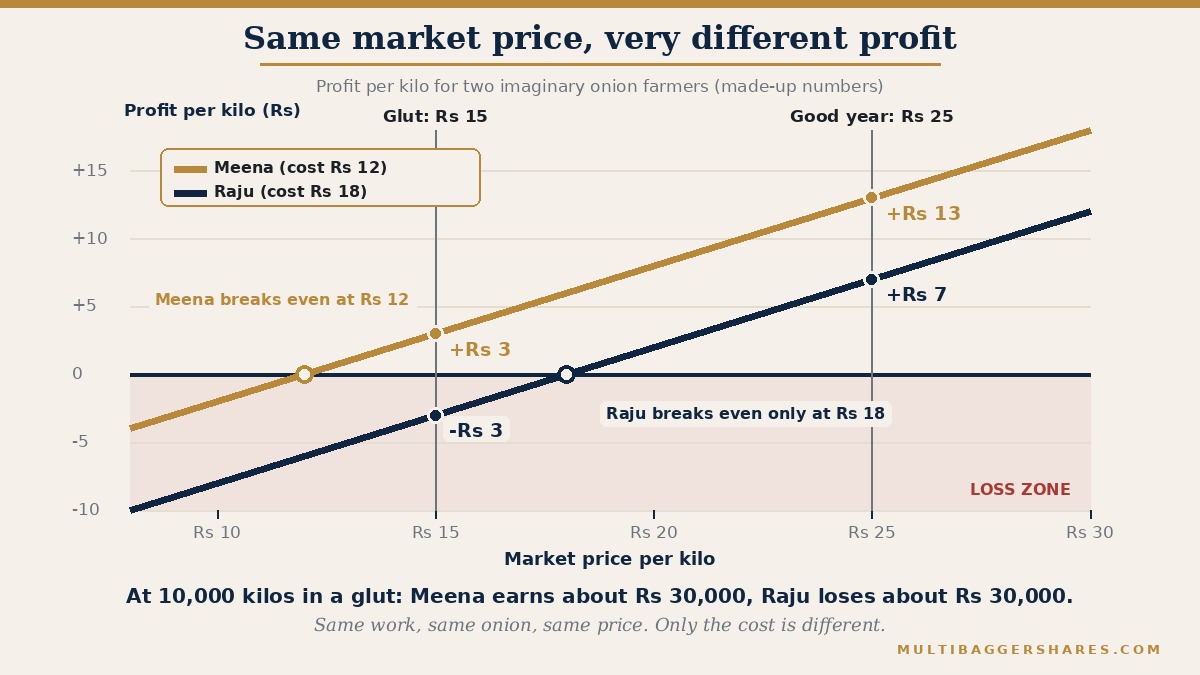 A line chart of profit per kilo against the market price for two imaginary onion farmers. Meena grows at a cost of Rs 12 a kilo and breaks even when the price is Rs 12. Raju grows at Rs 18 a kilo and breaks even only at Rs 18. At a good price of Rs 25 Meena earns Rs 13 and Raju Rs 7. In a glut at Rs 15 Meena still earns Rs 3 while Raju loses Rs 3 on every kilo.