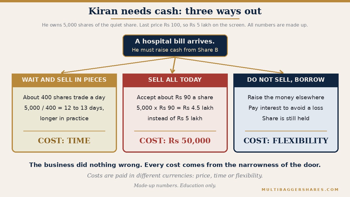A flowchart. Kiran owns 5,000 shares of a quiet share with a last price of Rs 100, so Rs 5 lakh on the screen. Path one: wait and sell in small pieces over about 12 to 13 trading days at roughly 400 shares a day, which costs time. Path two: sell all at once to whoever is bidding, say at about Rs 90, which gives Rs 4.5 lakh and costs Rs 50,000. Path three: do not sell and borrow or find money elsewhere, which costs flexibility. All numbers are made up.