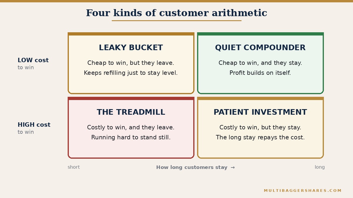 A two by two grid. The horizontal axis is how long customers stay, from short to long. The vertical axis is what it costs to win them, from low at the top to high at the bottom. Top right is called the quiet compounder: cheap to win and they stay. Bottom right is called the patient investment: expensive to win but they stay. Top left is called the leaky bucket: cheap to win but they leave. Bottom left is called the treadmill: expensive to win and they leave. The treadmill is marked as the one to be careful about