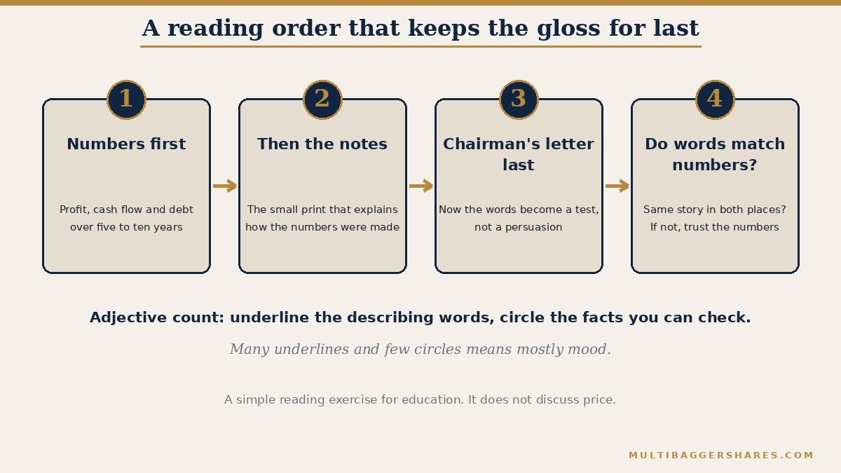 A flowchart picture. Step one: read the numbers first, meaning profit, cash flow and debt over several years. Step two: read the notes behind the numbers. Step three: only then read the chairman's letter. Step four: ask whether the words match the numbers.