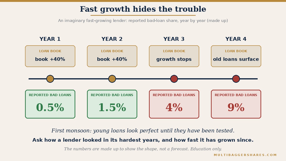 A timeline of an imaginary fast-growing lender over four years. In years one and two the loan book grows 40% a year and the reported bad-loan share looks tiny, at 0.5% and 1.5%. In year three growth stops and the share rises to 4%. In year four it reaches 9%. The numbers are made up to show the shape, not a forecast.