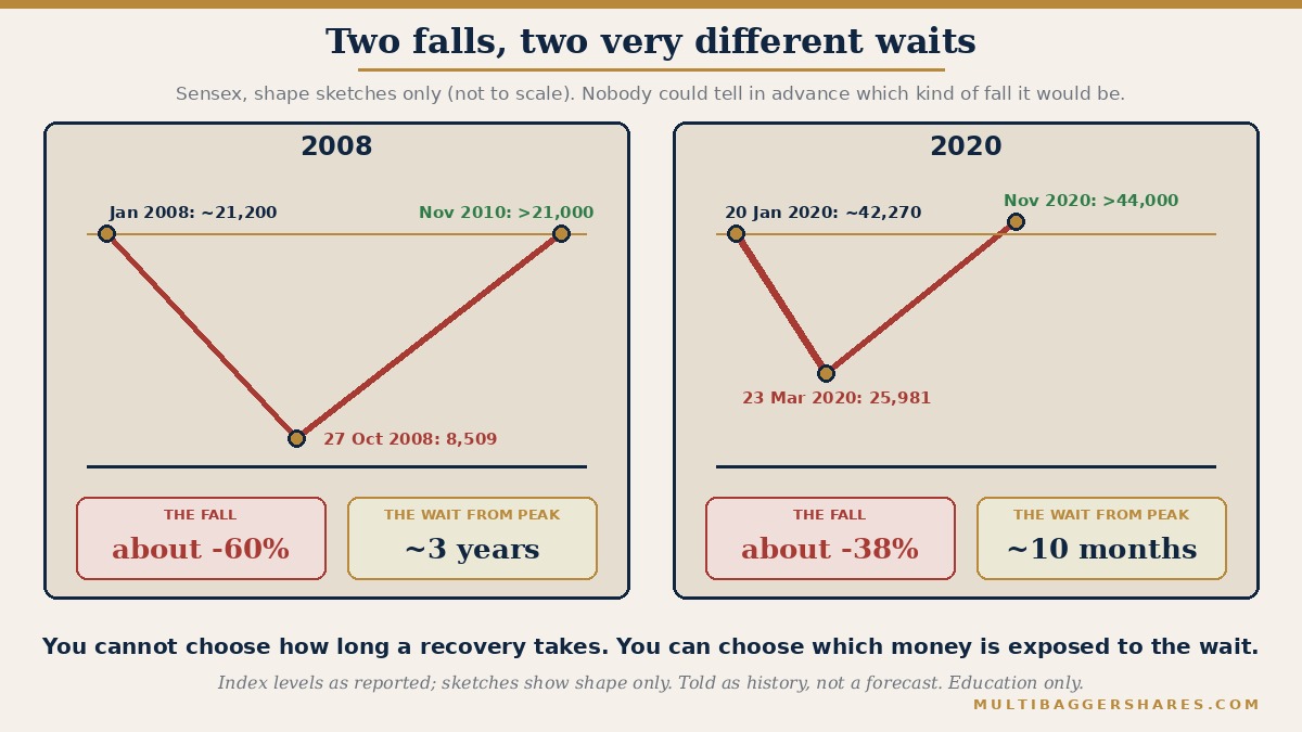 Two simple line sketches of the Sensex. In 2008 it fell about 60% from its January peak to the October low and took until November 2010, nearly three years from the peak, to get back above it. In 2020 it fell about 38% from its January peak to the March low and was above 44,000 again by November 2020, about ten months from the peak. The sketches show shape only and are not drawn to scale.