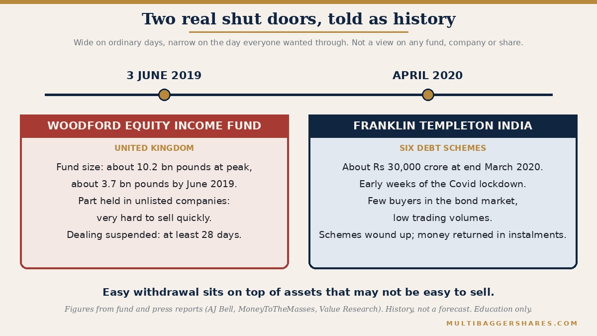 A simple timeline with two markers. On 3 June 2019 the Woodford Equity Income Fund in the United Kingdom suspended dealing after heavy withdrawals; it had fallen from a peak of about 10.2 billion pounds to about 3.7 billion pounds, and part of it was in hard-to-sell unlisted companies. In April 2020 Franklin Templeton India wound up six debt schemes holding about Rs 30,000 crore, citing a shortage of buyers in the bond market during the Covid lockdown. The timeline is told as history only.