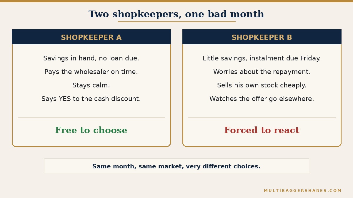 A two-panel comparison. The left panel is Shopkeeper A, who has savings and no loan due. It shows him paying the wholesaler on time, staying calm, and accepting a discount offer from a wholesaler who needs cash. The right panel is Shopkeeper B, who has little savings and a loan instalment due. It shows him worrying about the instalment, selling stock cheaply, and watching the offer go to someone else. A footer reads same month, same market, very different choices